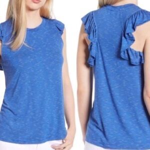 Gibson Blue/White  Sleeveless Ruffle Top SzXS